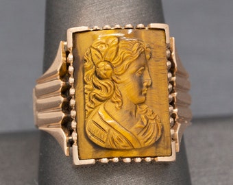 Antique Victorian Men's Tiger's Eye Cameo Tank Ring in 10k Rose Gold