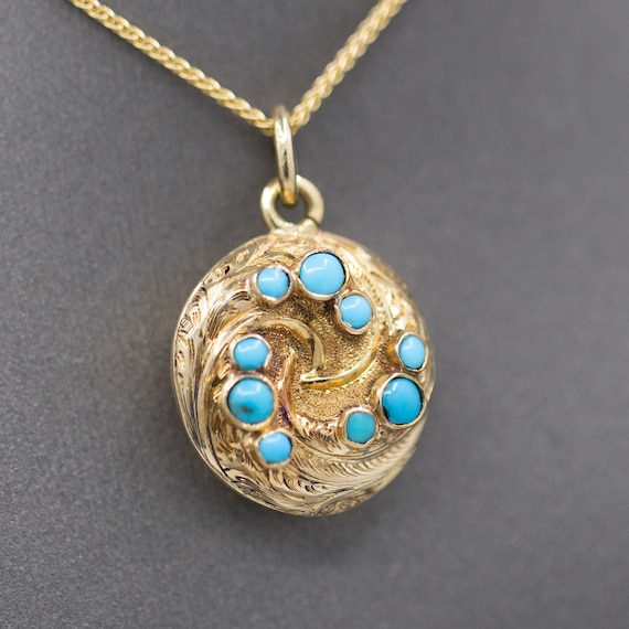 Antique Victorian Turquoise Round Locket with Gla… - image 2