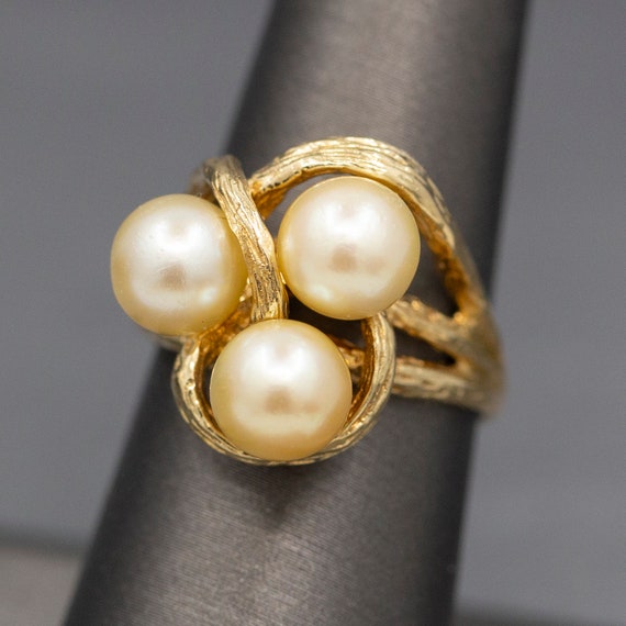 Triple Golden Pearl Textured Cocktail Ring in 14k… - image 7