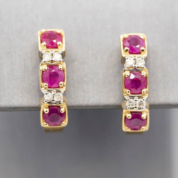 Vintage Ruby and Diamond J Hoop Earrings in 14k Ye