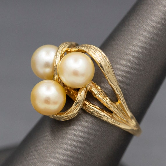 Triple Golden Pearl Textured Cocktail Ring in 14k… - image 9