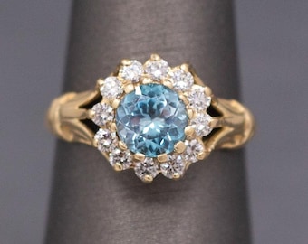 Vintage Blue Zircon and Diamond Halo Ring in 14k Yellow Gold