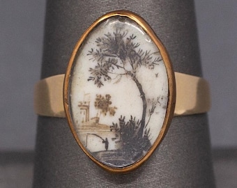 Antique Ring with Georgian Sepia Landscape Bezel Set in 9k and 14k Gold