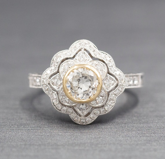 Vintage Style Bezel Set Diamond Engagement Ring With Engraved - Etsy