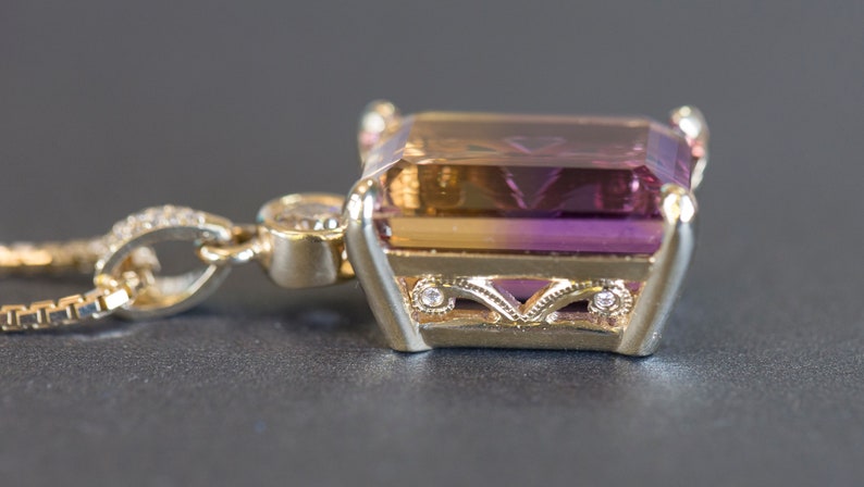 29.41ctw Emerald Cut Ametrine and Diamond 14k Yellow Gold Necklace