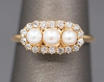 Antique Edwardian Three Stone Pearl Ring with Old Mine Cut Diamond Halo in 14k Yellow Gold