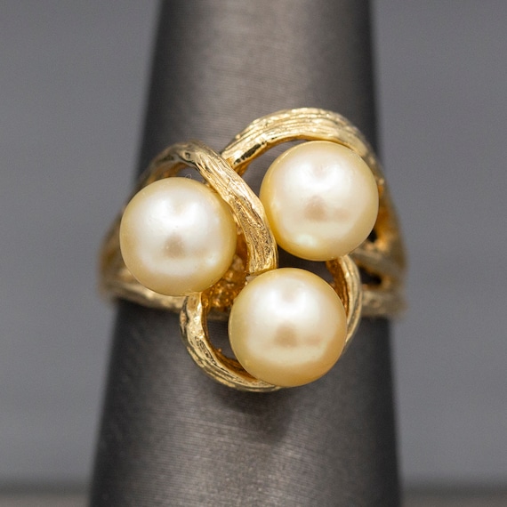 Triple Golden Pearl Textured Cocktail Ring in 14k… - image 1
