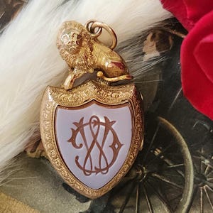 Exceptional Antique Victorian Lion Shield Locket with Sardonyx and Bloodstone in 14k Yellow Gold