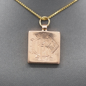 Antique Victorian Engraved Square Picture Locket in 14k Rose Gold and Platinum with Initials &quot;ER&quot;