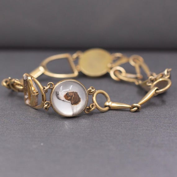 Antique Art Deco Equestrian Fox Hunt Essex Crystal Bracelet in 14k