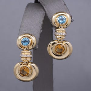 Vintage Bezel Set Blue Topaz and Citrine Dangle Earrings in 14k Yellow Gold