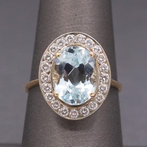 Vintage Icy Aquamarine and Diamond Halo Statement Ring in 14k White and Yellow Gold