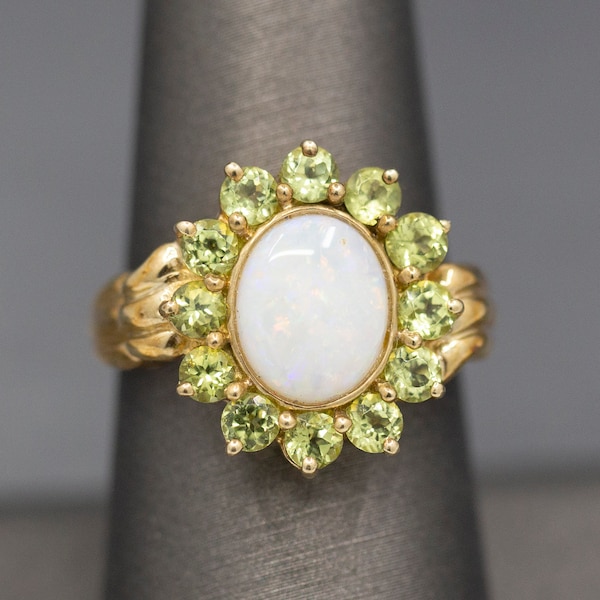 Fiery Opal and Peridot Low Profile Cluster Ring in 10k Yellow Gold