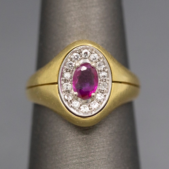Ruby and Diamond Signet Style Ring in 18k Yellow … - image 6