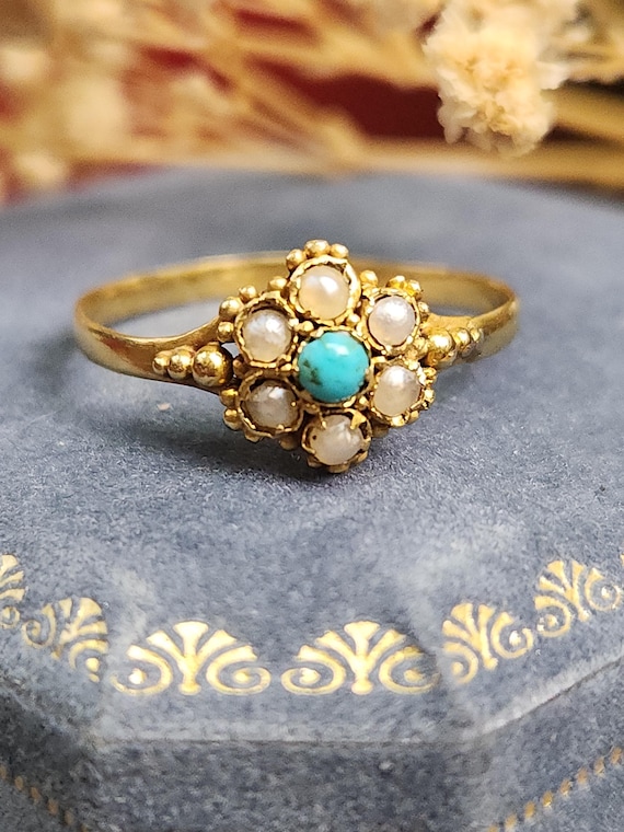 Petite Seed Pearl and Turquoise Victorian Ring in 22k Yellow Gold