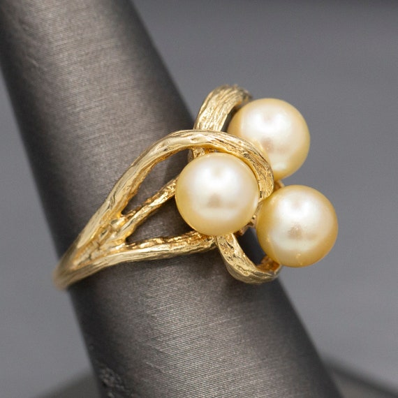 Triple Golden Pearl Textured Cocktail Ring in 14k… - image 4