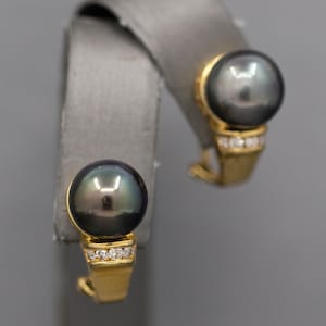 10.5mm Tahitian Black Pearl and Diamond J Hoop Earrings in 18k Yellow Gold with Omega Back Clasps