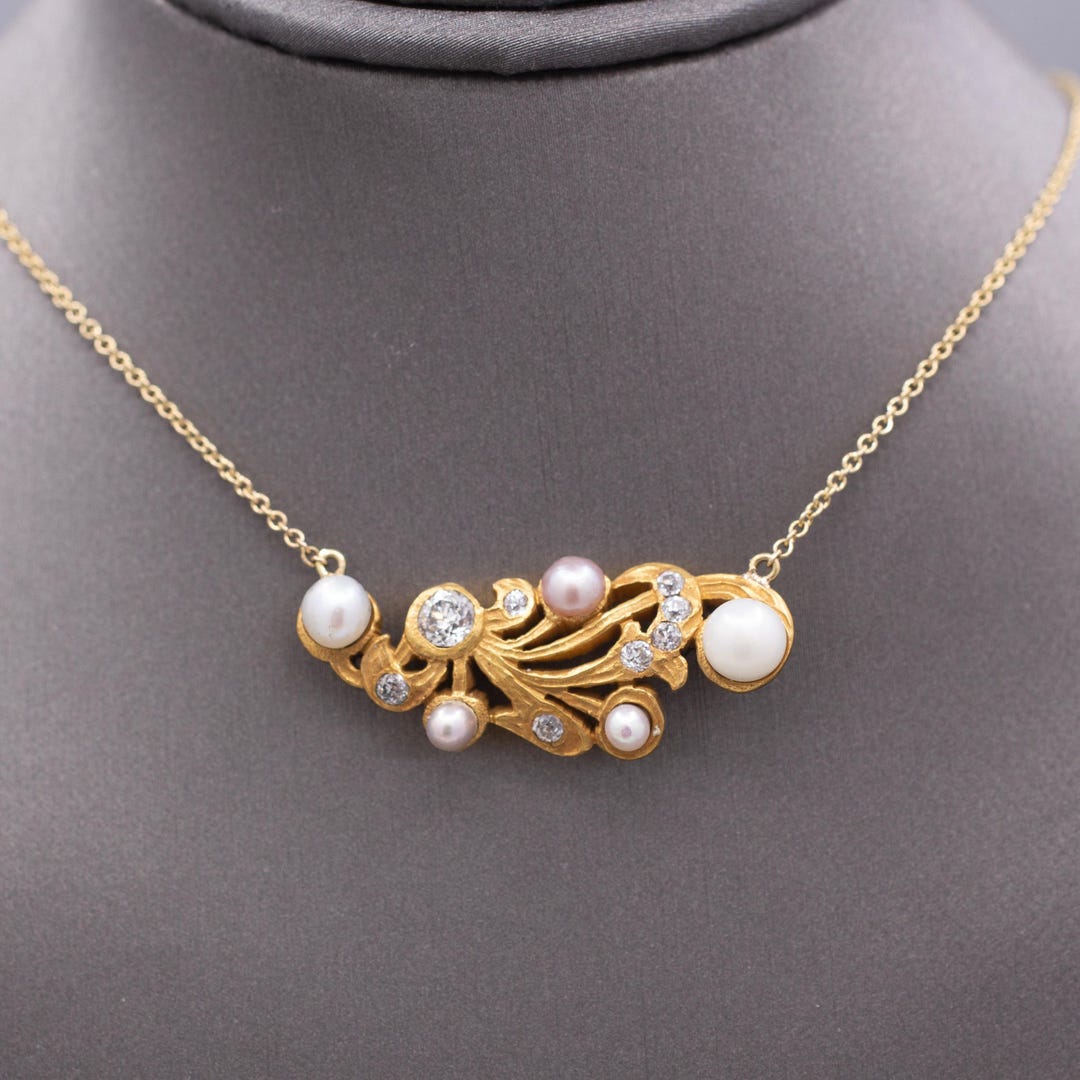 Exquisite Art Nouveau Diamond and Pearl Necklace in 14k Yellow Gold - Etsy