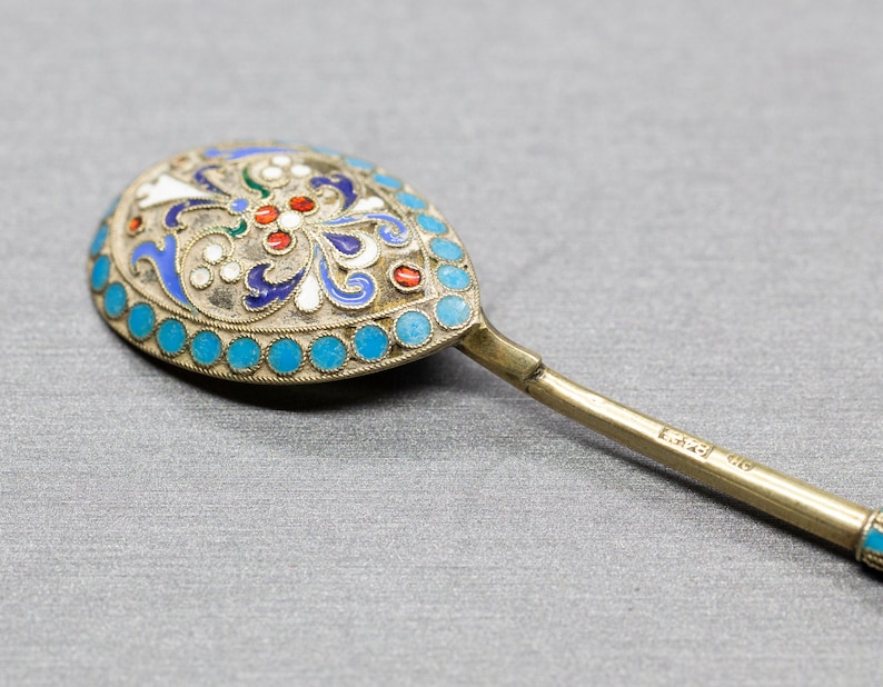 Demitasse Spoon Enameled Bowl Enamel Gilt Spoon Russian Enamel Gold Plated Spoon 84 zolotnic Russian Imperial Silver Cloissone/' Spoon
