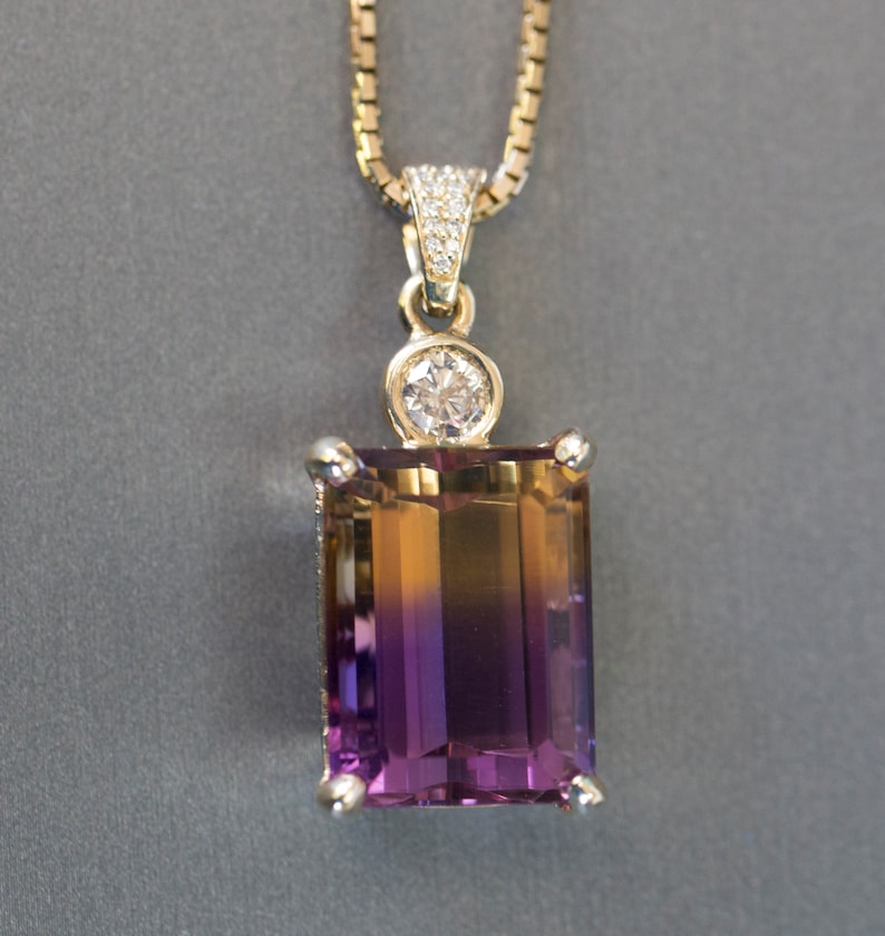 29.41ctw Emerald Cut Ametrine and Diamond 14k Yellow Gold Necklace