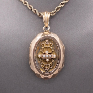 Antique Victorian Seed Pearl Faceted Oval Picture Locket in 14k Rosy Gold
