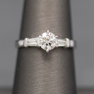 Classic GIA Certified 0.70ct J SI1 Round Diamond with Baguette Sides in 14k White Gold Engagement Ring