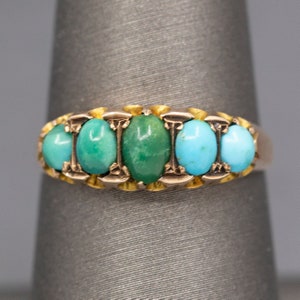 Sweet Antique Edwardian Turquoise Five Stone Band Ring in 9k Rose Gold