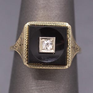 Darling Art Deco Old Mine Cut Diamond and Onyx Square Ring in 14k Yellow Gold