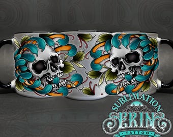 PEONY SKULL 11oz Sublimation Mug tattoo design. Custom Sublimation mug art. Digital file only