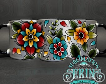 TRAD FLOWERS 11oz Sublimation Mug tattoo design. Custom Sublimation mug art. Digital file only