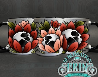SKULL FLOWER 11oz Sublimation Mug tattoo design. Custom Sublimation mug art. Digital file only