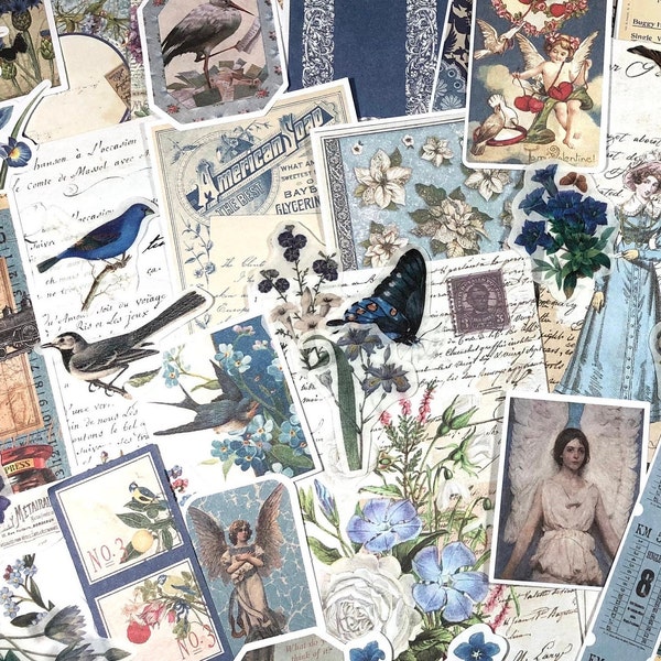 Blue Shabby Vintage Romantic Stickers and Papers for Scrapbooking and Junk Journals. 100pc Paper and Sticker Pack. Australia Seller