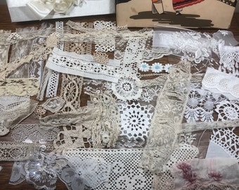 Lace Scraps - LARGE, Boxed Pack of 50 Antique, Vintage and Newer Pieces of Lace for Junk Journals. (Makes a Great Gift)