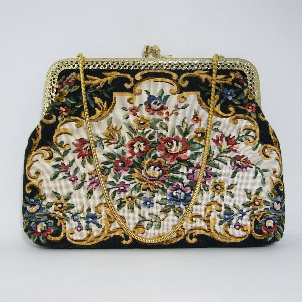 Vintage  Purse Floral Tapestry Petit Point 1970s Carpet Bag Purse Evening Bag