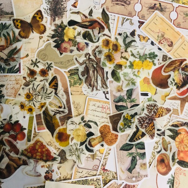 100 pc Autumn Toned Vintage Nature Junk Journal Kit - Journal Stickers and Papers. Butterflies, Mushrooms, Flowers, Fruits. Australia Seller