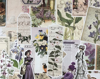 Purple Romantic Junk Journal 100pc Vintage Paper and Sticker Pack. 60 papers, 40 Washi Stickers. Gorgeous Vintage Florals. Australia Seller