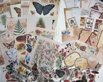 100 pc Vintage Nature Junk Journal Kit - Journal Stickers and Papers. Butterflies, Mushrooms, Flowers, Tickets, Leaves. Australia Seller