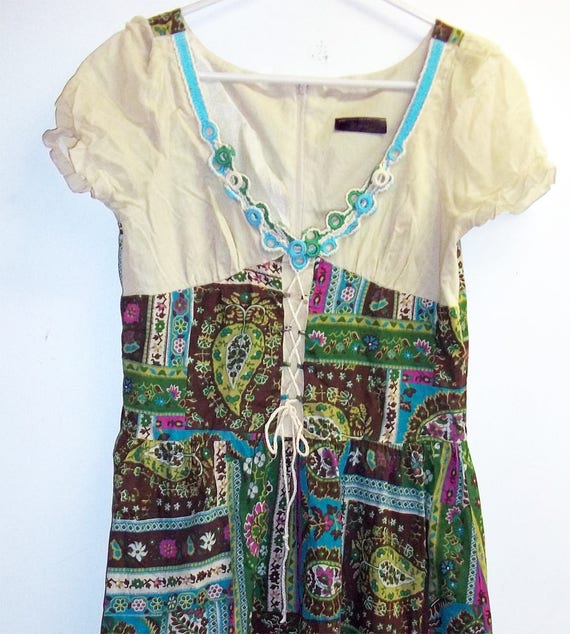 Patchwork green folk dress- Prairie style