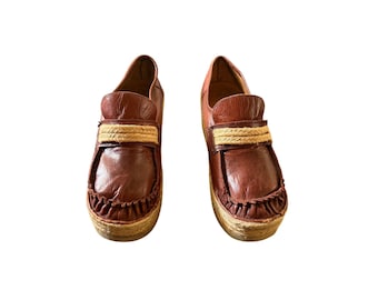 Vintage Sbicca Brown Leather Wedge Loafers With Braided Jute Trim Espadrille Style Platform Shoes