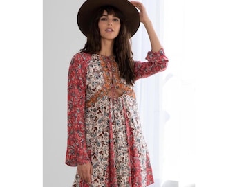Lovestitch Womens Floral Boho Long Sleeve Tunic Dress With Tie Back & Multicolor Panels