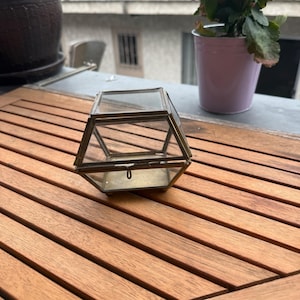 Geometric Glass & Brass Jewelry Box With Hinged Lid And Decorative Design