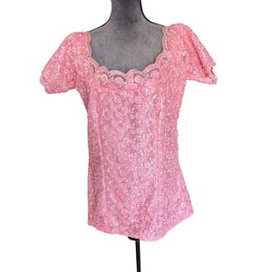Pink Floral Lace Short Sleeve Top With Scalloped Square Neckline For Women