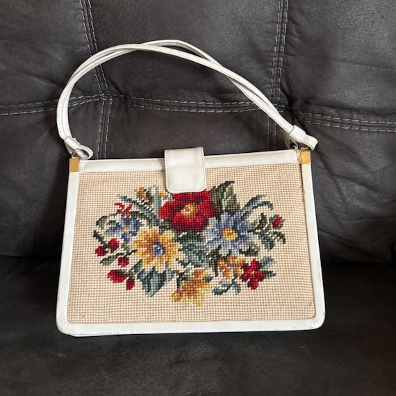 Vintage Floral Needlepoint Handbag With White Faux Leather & Gold-Tone Accents