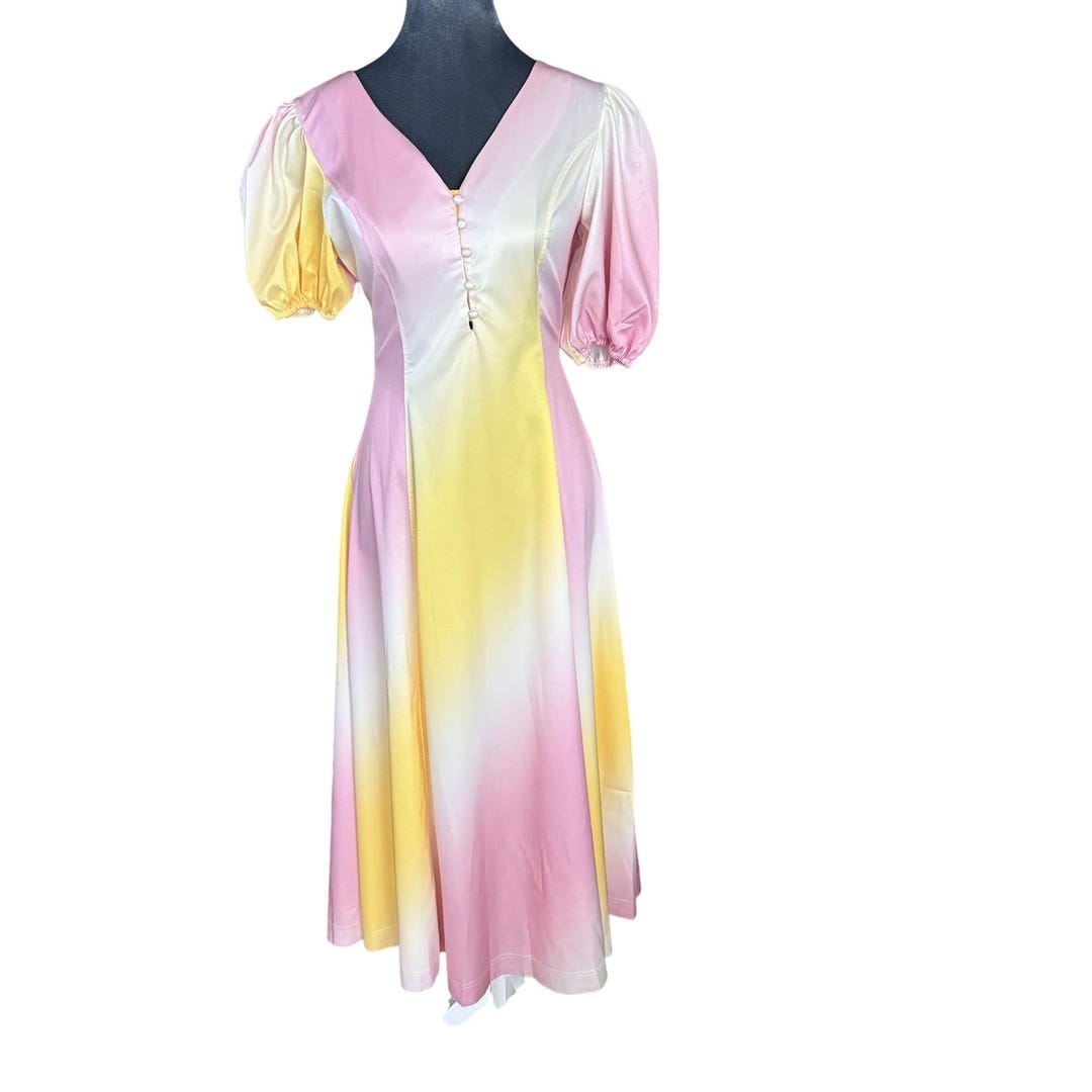 Pastel Pink & Yellow Gradient Puff Sleeve Midi Dress With Open Back Pastel Pink & Yellow Gradient Puff Sleeve Midi Dress With Open Back