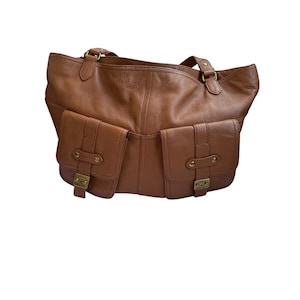 Ralph Lauren Brown Leather Shoulder Bag With Dual Front Pockets & Gold-Tone Hardware