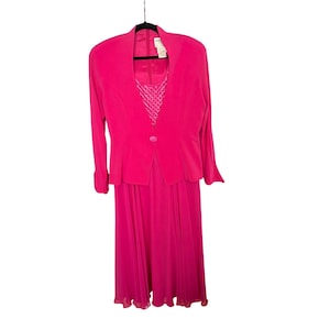 May include: A bright pink formal dress set, including a long-sleeved jacket with a single button closure and a matching knee-length dress. The dress features a beaded bodice and a flowing skirt, creating an elegant ensemble.