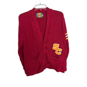Vintage Dehen USC Varsity Cardigan Sweater With SC Patch & Striped Sleeve Red Size 42