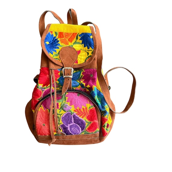 Handcrafted Floral Embroidered Cotton & Faux Suede Backpack Handmade Suede Leather Backpack: Floral Embroidered Boho Bag  main image 3