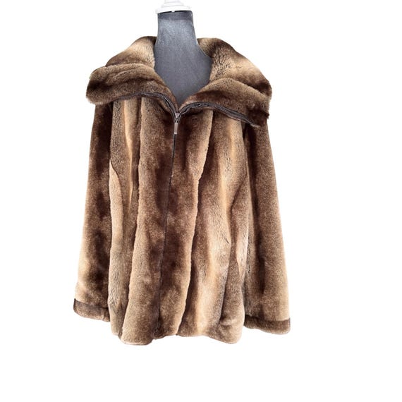 Gallery Womens Faux Fur Coat 1X Brown Zip Front Jacket Acrylic