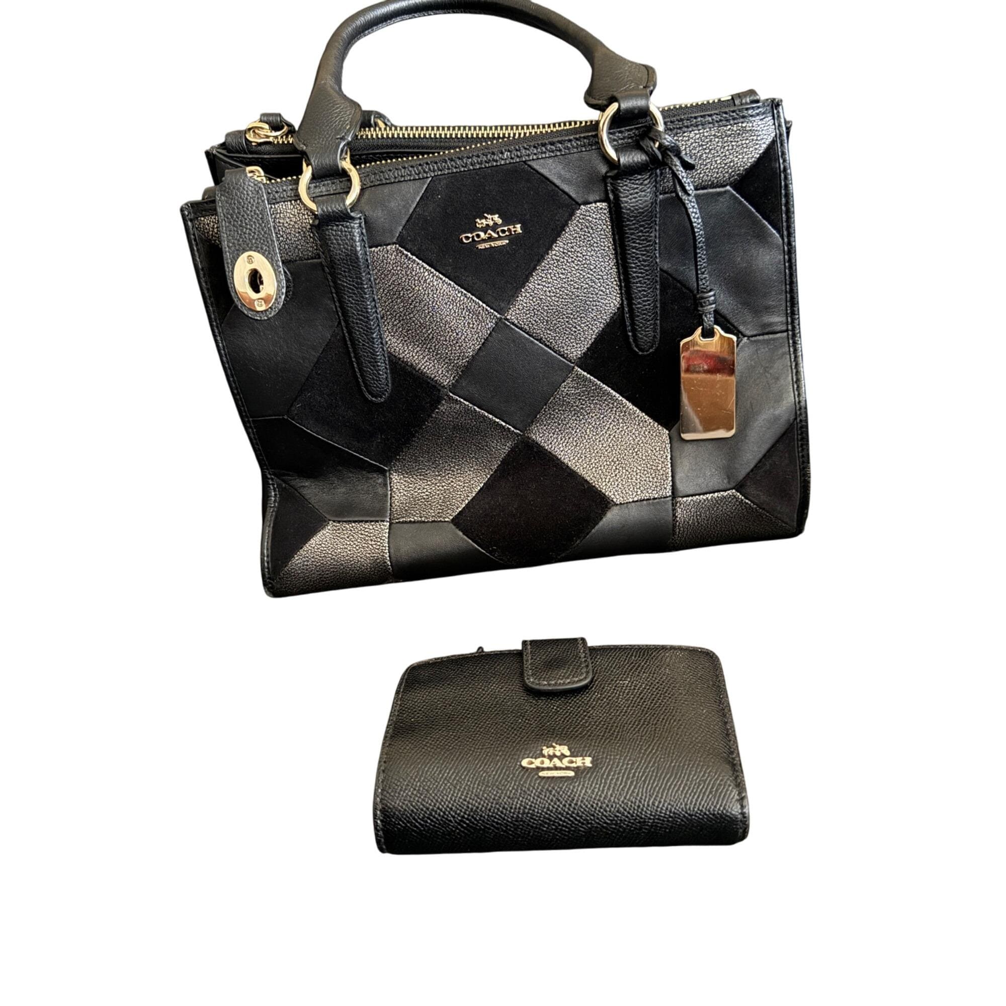 Coach Black Leather Patchwork Handbag & Matching Wallet Set With
